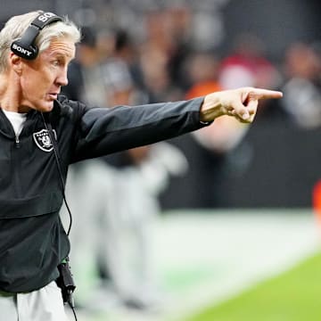 Oct 12, 2025; Paradise, Nevada, USA; Las Vegas Raiders head coach Pete Carroll reacts on the sidelines during the second half against the Tennessee Titans at Allegiant Stadium. Mandatory Credit: Stephen R. Sylvanie-Imagn Images