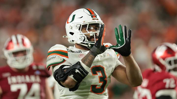 Jan 19, 2026; Miami Gardens, FL, USA; Miami Hurricanes defensive lineman Akheem Mesidor (3) celebrates after a sack against the Indiana Hoosiers in the third quarter during the College Football Playoff National Championship game at Hard Rock Stadium. Mandatory Credit: Sam Navarro-Imagn Images