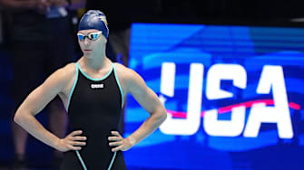 Bryn Greenwaldt stands beside the starting blocks before competing in the 50-meter freestyle swim during prelims for the U.S. Olympic team swimming trials one June 22, 2024.