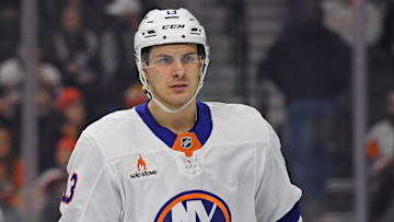 Jan 30, 2025; Philadelphia, Pennsylvania, USA; New York Islanders center Mathew Barzal (13) against the Philadelphia Flyers at Wells Fargo Center. Mandatory Credit: Eric Hartline-Imagn Images