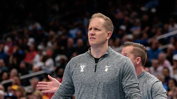 Mar 12, 2026; Kansas City, MO, USA; BYU Cougars coach Kevin Young reacts to game play during the second half against the Houston Cougars at T-Mobile Center. Mandatory Credit: William Purnell-Imagn Images