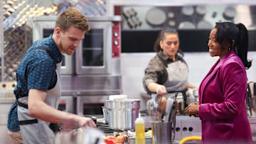 NEXT LEVEL CHEF: L-R: Contestant Austin, contestant Iman and Nyesha Arrington in the NEXT LEVEL CHEF episode "Pro Chef" airing Thursday, Feb. 27 (8:00-9:00 PM ET/PT) on FOX. CR: Lorraine O’Sullivan / FOX. ©2025 FOX Media LLC.