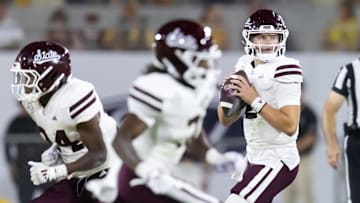 Sep 7, 2024; Tempe, Arizona, USA; Mississippi State Bulldogs quarterback Blake Shapen (2) against the Arizona State Sun Devils at Mountain America Stadium. Mandatory Credit: Mark J. Rebilas-Imagn Images