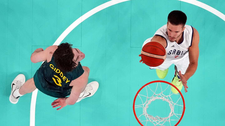 Serbia centre Filip Petrusev (3) shoots the ball against Australia guard Josh Giddey (3) during the second half in men’s basketball quarterfinals during the Paris 2024 Olympic Summer Games at Accor Arena. Mandatory Credit: