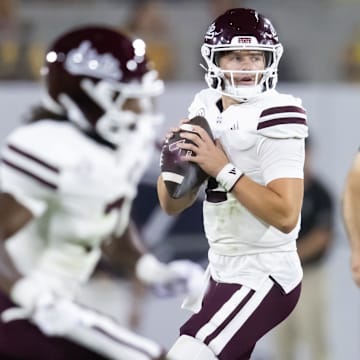 Mississippi State Bulldogs quarterback Blake Shapen (2) against the Arizona State Sun Devils at Mountain America Stadium.