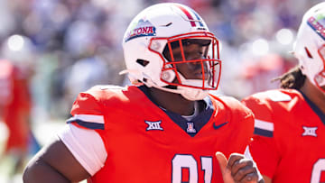Oct 19, 2024; Tucson, Arizona, USA; Arizona Wildcats defensive lineman Isaiah Johnson (91) against the Colorado Buffalos at Arizona Stadium. Mandatory Credit: Mark J. Rebilas-Imagn Images
