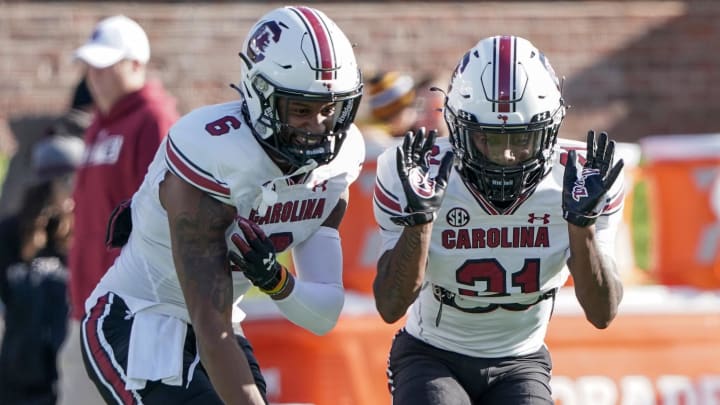 Nov 13, 2021; Columbia, Missouri, USA; South Carolina Gamecocks defensive lineman Zacch Pickens (6) and linebacker Bam Martin-Scott (31) dance during warmups against the Missouri Tigers at Faurot Field at Memorial Stadium. Mandatory Credit: Denny Medley-USA TODAY Sports