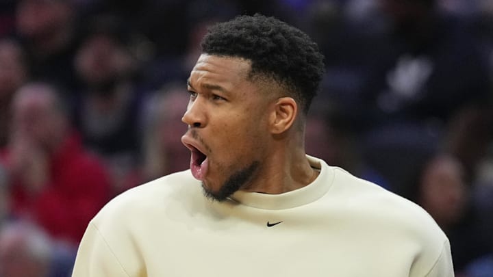 Milwaukee Bucks forward Giannis Antetokounmpo reacts against the Philadelphia 76ers at Xfinity Mobile Arena on Apr 12, 2026.