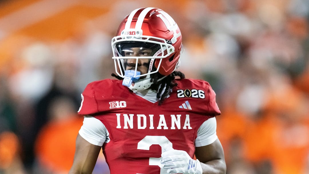 Jan 19, 2026; Miami Gardens, FL, USA; Indiana Hoosiers wide receiver Omar Cooper Jr. (3) against the Miami Hurricanes in the College Football Playoff National Championship game at Hard Rock Stadium. Mandatory Credit: Mark J. Rebilas-Imagn Images