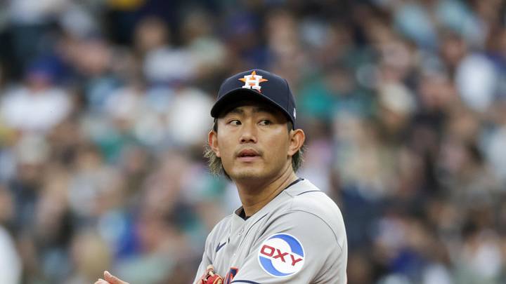 Apr 10, 2026; Seattle, Washington, USA; Houston Astros starting pitcher Tatsuya Imai (45) reacts following a walk  against the Seattle Mariners during the first inning at T-Mobile Park. Mandatory Credit: Joe Nicholson-Imagn Images