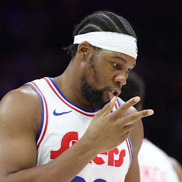 Mar 26, 2025; Philadelphia, Pennsylvania, USA; Philadelphia 76ers forward Guerschon Yabusele (28) reacts to his three pointer against the Washington Wizards during the first quarter at Wells Fargo Center. Mandatory Credit: Bill Streicher-Imagn Images