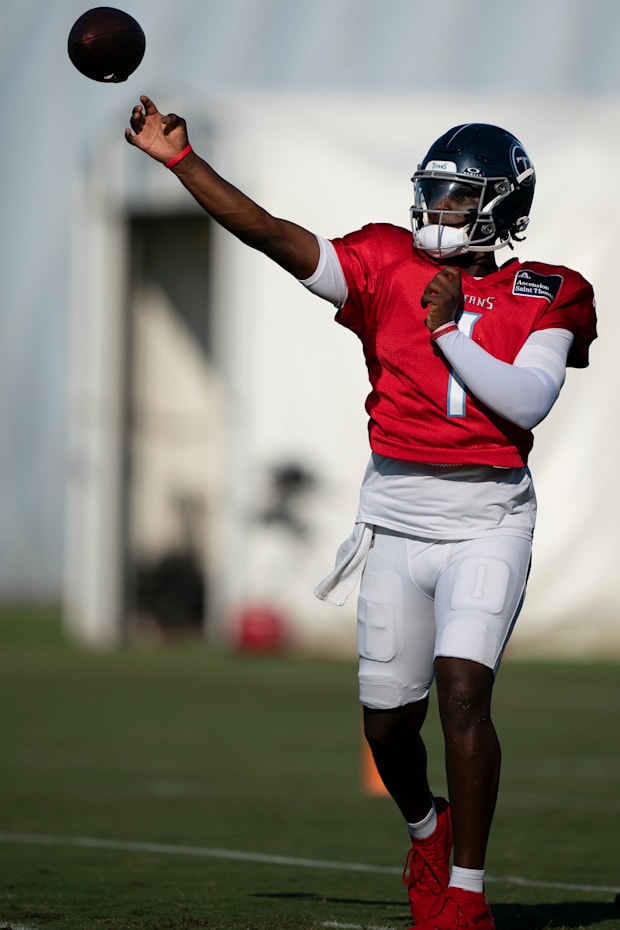 Tennessee Titans quarterback Cam Ward throws during training camp at Ascension Saint Thomas Sports Park