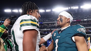 Jan 12, 2025; Philadelphia, Pennsylvania, USA; Green Bay Packers quarterback Jordan Love (10) and Philadelphia Eagles quarterback Jalen Hurts (1) shake hands after the game in an NFC wild card game at Lincoln Financial Field. Mandatory Credit: Bill Streicher-Imagn Images