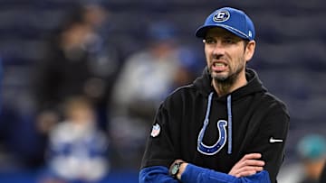 Jan 5, 2025; Indianapolis, Indiana, USA; Indianapolis Colts head coach Shane Steichen reacts during warmups before the game against the Jacksonville Jaguars at Lucas Oil Stadium. Mandatory Credit: Marc Lebryk-Imagn Images