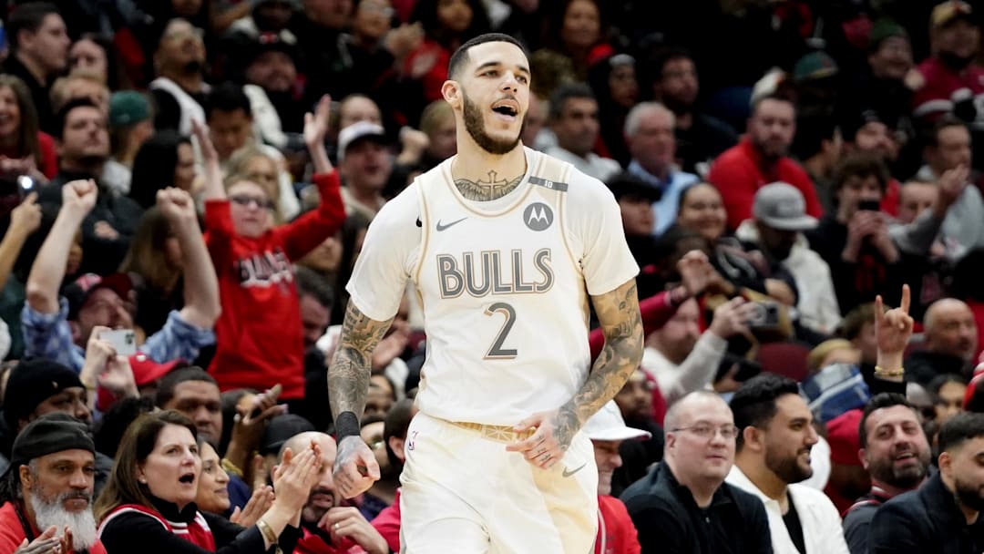 Jan 4, 2025; Chicago, Illinois, USA; Chicago Bulls guard Lonzo Ball (2) reacts after making a three point basket against the New York Knicks during the second half at United Center. 