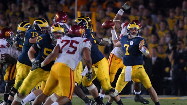 Jan 1, 2007; Pasadena, CA, USA; Michigan Wolverines quarterback (7) Chad Henne against the Southern California Trojans in the Rose Bowl game at the Rose Bowl in Pasadena, California. Southern California defeated Michigan 32-18. 