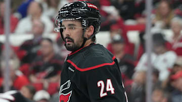 May 22, 2025; Raleigh, North Carolina, USA; Carolina Hurricanes forward Seth Jarvis (24) awaits the start of play  during the second period against the Florida Panthers in game two of the Eastern Conference Final of the 2025 Stanley Cup Playoffs at Lenovo Center. Mandatory Credit: James Guillory-Imagn Images