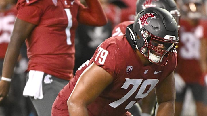 Sep 9, 2023; Pullman, Washington, USA; Washington State Cougars offensive lineman Fa'alili Fa'amoe (79) lines up for a play against the Wisconsin Badgers in the second half at Gesa Field at Martin Stadium. Washington State won 31-22. Mandatory Credit: James Snook-USA TODAY Sports