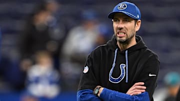 Jan 5, 2025; Indianapolis, Indiana, USA; Indianapolis Colts head coach Shane Steichen reacts during warmups before the game against the Jacksonville Jaguars at Lucas Oil Stadium. Mandatory Credit: Marc Lebryk-Imagn Images