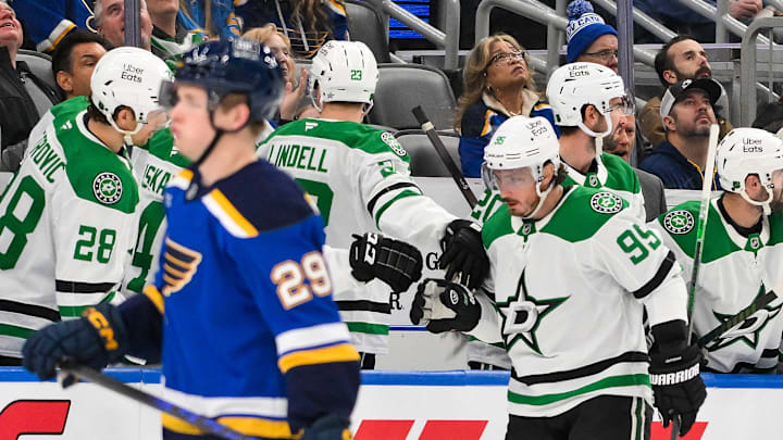 Jan 27, 2026; St. Louis, Missouri, USA; Dallas Stars center Matt Duchene (95) is congratulated by teammates after scoring his second goal of the game against the St. Louis Blues during the second period at Enterprise Center. Mandatory Credit: Jeff Curry-Imagn Images