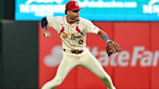 Sep 6, 2025; St. Louis, Missouri, USA; St. Louis Cardinals shortstop Masyn Winn (0) throws to first base against the San Francisco Giants at Busch Stadium. Mandatory Credit: Tim Vizer-Imagn Images