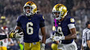 Oct 18, 2025; South Bend, Indiana, USA;  Notre Dame Fighting Irish cornerback Christian Gray (6) celebrates during the second half at Notre Dame Stadium. Mandatory Credit: Michael Caterina-Imagn Images