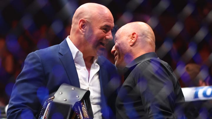 Apr 13, 2024; Las Vegas, Nevada, USA; UFC president Dana White (left) with Joe Rogan during UFC 300 at T-Mobile Arena. Mandatory Credit: Mark J. Rebilas-USA TODAY Sports