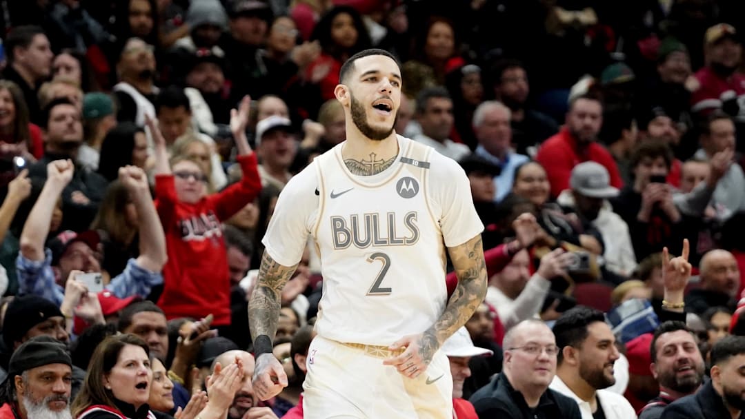 Jan 4, 2025; Chicago, Illinois, USA; Chicago Bulls guard Lonzo Ball (2) reacts after making a three point basket against the New York Knicks during the second half at United Center. Mandatory Credit: David Banks-Imagn Images Jan 4, 2025; Chicago, Illinois, USA; Chicago Bulls guard Lonzo Ball (2) reacts after making a three point basket against the New York Knicks during the second half at United Center. Mandatory Credit: David Banks-Imagn Images