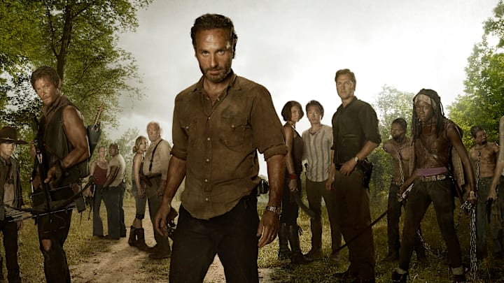 (L to R) Daryl Dixon (Norman Reedus); Carol (Melissa Suzanne McBride); T-Dog (Robert 'IronE' Singleton); Beth Greene (Emily Kinney); Hershel Greene (Scott Wilson); Rick Grimes (Andrew Lincoln); Maggie Greene (Lauren Cohan); Glenn (Steven Yeun); The Governor (David Morrissey); Michonne (Danai Gurira) - The Walking Dead - Season 3
