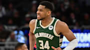 Mar 5, 2025; Milwaukee, Wisconsin, USA;  Milwaukee Bucks forward Giannis Antetokounmpo (34) reacts in the third quarter against the Dallas Mavericks at Fiserv Forum. Mandatory Credit: Benny Sieu-Imagn Images