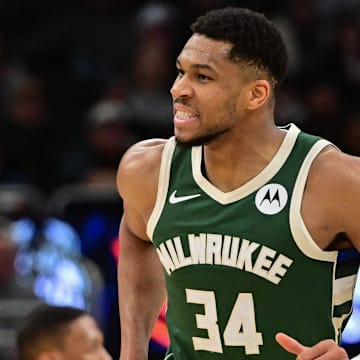 Mar 5, 2025; Milwaukee, Wisconsin, USA;  Milwaukee Bucks forward Giannis Antetokounmpo (34) reacts in the third quarter against the Dallas Mavericks at Fiserv Forum. Mandatory Credit: Benny Sieu-Imagn Images