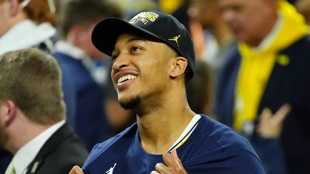 Michigan Wolverines forward Yaxel Lendeborg (23) celebrates after their win against the UConn Huskies in the national championship of the Final Four of the men's 2026 NCAA Tournament between the Michigan Wolverines and the UConn Huskies at Lucas Oil Stadium on Apr 6, 2026.