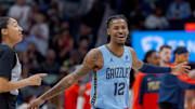 Dec 27, 2024; New Orleans, Louisiana, USA;  Memphis Grizzlies guard Ja Morant (12) reacts at halftime against the Memphis Grizzlies at Smoothie King Center. Mandatory Credit: Matthew Hinton-Imagn Images