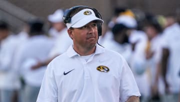 Aug 31, 2023; Columbia, Missouri, USA; Missouri Tigers head coach Eli Drinkwitz on field against the South Dakota Coyotes during the first half at Faurot Field at Memorial Stadium. Mandatory Credit: Denny Medley-USA TODAY Sports