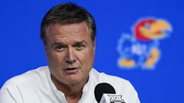 Oct 23, 2024; Kansas City, MO, USA; Kansas Jayhawks head coach Bill Self talks to media during the Big 12 Men’s Basketball Media Day at T-Mobile Center. Mandatory Credit: Jay Biggerstaff-Imagn Images