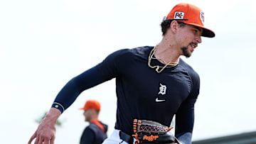 Detroit Tigers pitcher Ricky Vanasco works out during spring training at TigerTown in Lakeland, Fla. on Sunday, Feb. 16, 2025.