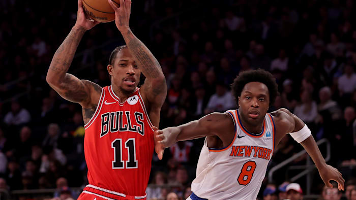 Jan 3, 2024; New York, New York, USA; Chicago Bulls forward DeMar DeRozan (11) brings the ball up