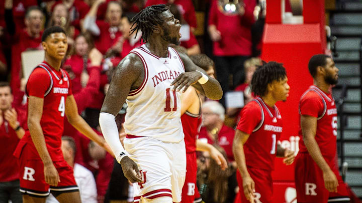 Indiana's Oumar Ballo (11) hypes up the crowd as Rutgers' Ace Bailey (4) and the Scarlet Knights head to the bench during the Indiana versus Rutgers men's basketball game at Simon Skjodt Assembly Hall on Thursday, Jan. 2, 2025.