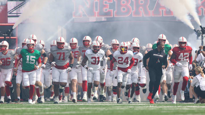 The team enters the field prior to the 2024 Nebraska football spring game. The team enters the field prior to the 2024 Nebraska football spring game.