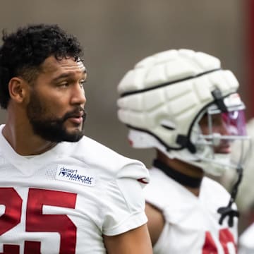 Jul 24, 2025; Glendale, AZ, USA; Arizona Cardinals linebacker Zaven Collins during training camp at State Farm Stadium. Mandatory Credit: Mark J. Rebilas-Imagn Images