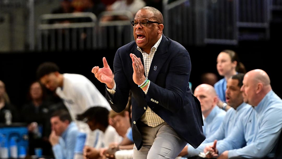 Mar 21, 2025; Milwaukee, WI, USA; North Carolina Tar Heels head coach Hubert Davis during the first half of a first round NCAA men’s tournament game against the Mississippi Rebels at Fiserv Forum. Mandatory Credit: Benny Sieu-Imagn Images