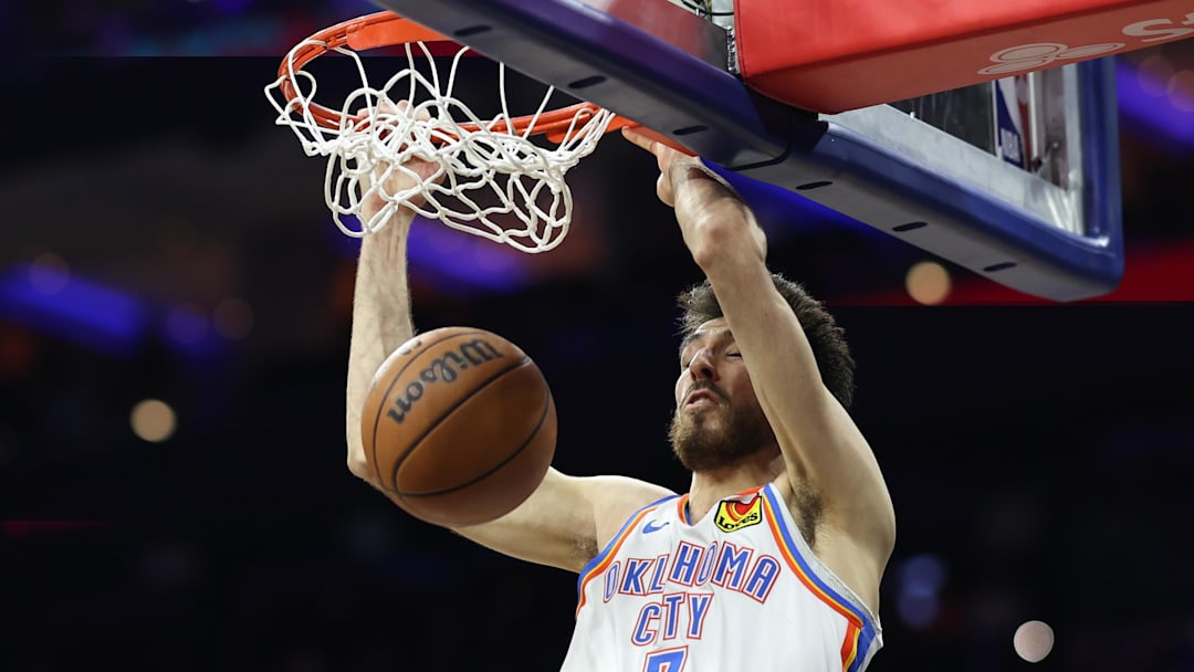 Mar 23, 2026; Philadelphia, Pennsylvania, USA; Oklahoma City Thunder center Chet Holmgren (7) dunks the ball against the Philadelphia 76ers during the fourth quarter at Xfinity Mobile Arena.