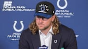 Former Penn State tight end Tyler Warren at a news conference with the Indianapolis Colts, who selected Warren No. 14 overall in the 2025 NFL Draft.