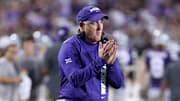 Sep 13, 2024; Manhattan, Kansas, USA; Kansas State Wildcats head coach Chris Klieman celebrates a touchdown in the third quarter against the Arizona Wildcats at Bill Snyder Family Football Stadium. Mandatory Credit: Scott Sewell-Imagn Images