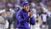 Sep 13, 2024; Manhattan, Kansas, USA; Kansas State Wildcats head coach Chris Klieman celebrates a touchdown in the third quarter against the Arizona Wildcats at Bill Snyder Family Football Stadium. Mandatory Credit: Scott Sewell-Imagn Images
