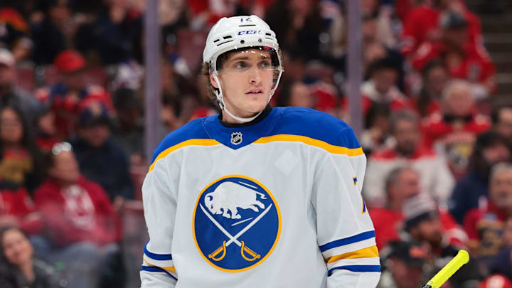 Feb 2, 2026; Sunrise, Florida, USA; Buffalo Sabres center Tage Thompson (72) looks on against the Florida Panthers during the third period at Amerant Bank Arena. Mandatory Credit: Sam Navarro-Imagn Images