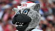Sep 20, 2025; Durham, North Carolina, USA;  NC State Wolfpack's Mr. Wuf during the game against the Duke Blue Devils at Wallace Wade Stadium. Mandatory Credit: Zachary Taft-Imagn Images