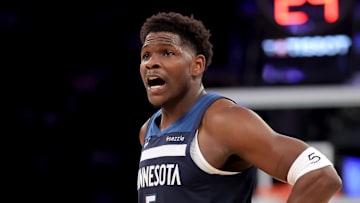 Nov 5, 2025; New York, New York, USA; Minnesota Timberwolves guard Anthony Edwards (5) reacts during the fourth quarter against the New York Knicks at Madison Square Garden. Mandatory Credit: Brad Penner-Imagn Images