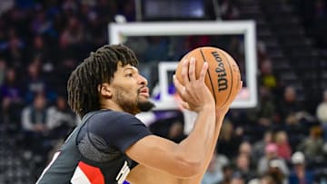Oct 16, 2025; Salt Lake City, Utah, USA; Portland Trail Blazers guard Shaedon Sharpe (17) makes a three point shot against the Utah Jazz during the first half at Delta Center. Mandatory Credit: Peter Creveling-Imagn Images