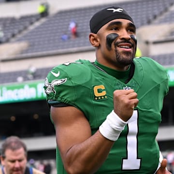 Oct 26, 2025; Philadelphia, Pennsylvania, USA; Philadelphia Eagles quarterback Jalen Hurts (1) reacts after the game against the New York Giants at Lincoln Financial Field. 